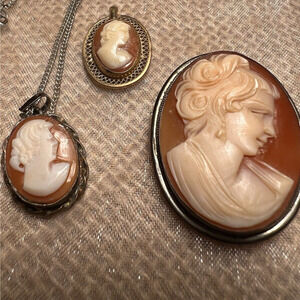 Vintage 14k G Cameo, Silver BO Pendant/Pin x 2 - Total Set of 3 Pieces
